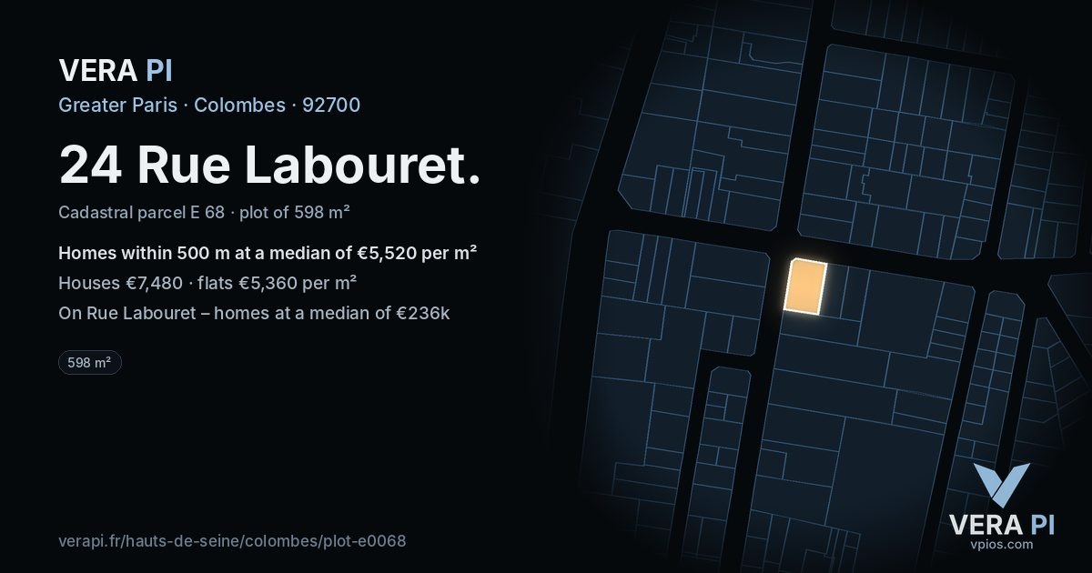 24 Rue Labouret, Colombes at night – the plot lit, the parcels around coloured by the prices near them