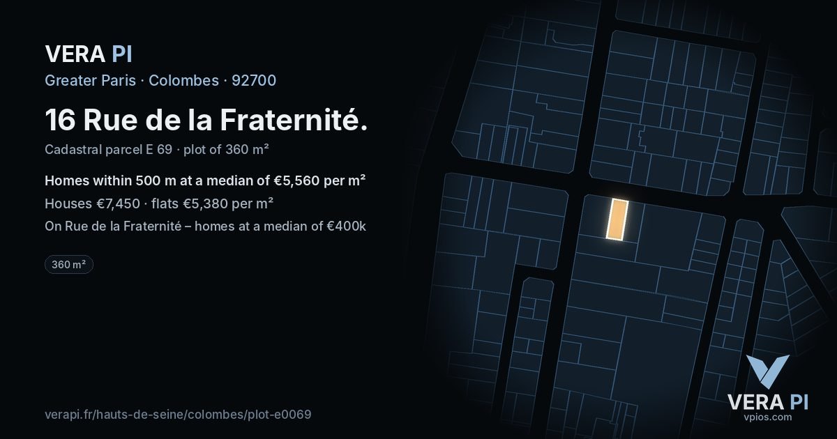 16 Rue de la Fraternité, Colombes at night – the plot lit, the parcels around coloured by the prices near them