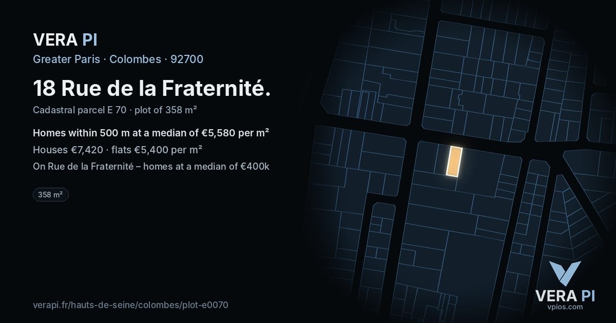 18 Rue de la Fraternité, Colombes at night – the plot lit, the parcels around coloured by the prices near them
