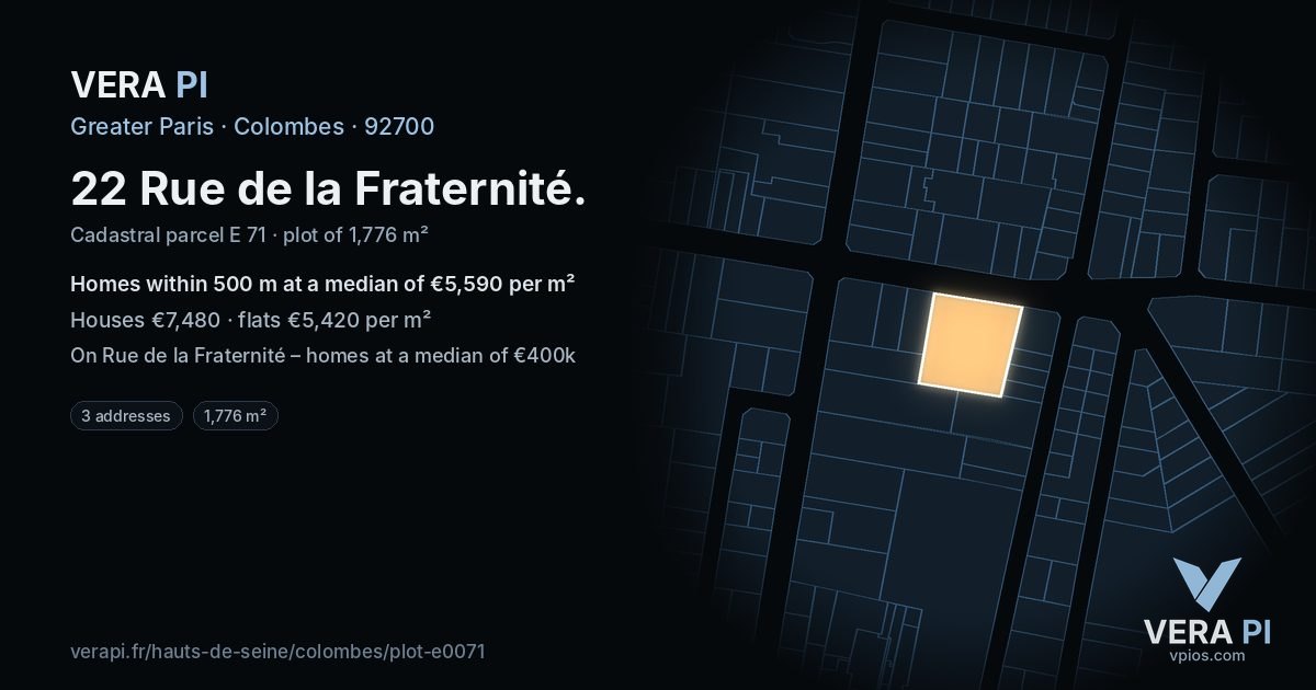 22 Rue de la Fraternité, Colombes at night – the plot lit, the parcels around coloured by the prices near them