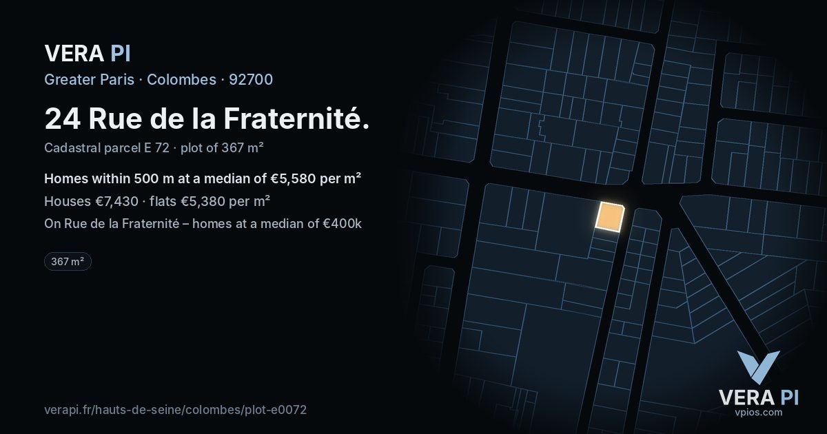 24 Rue de la Fraternité, Colombes at night – the plot lit, the parcels around coloured by the prices near them