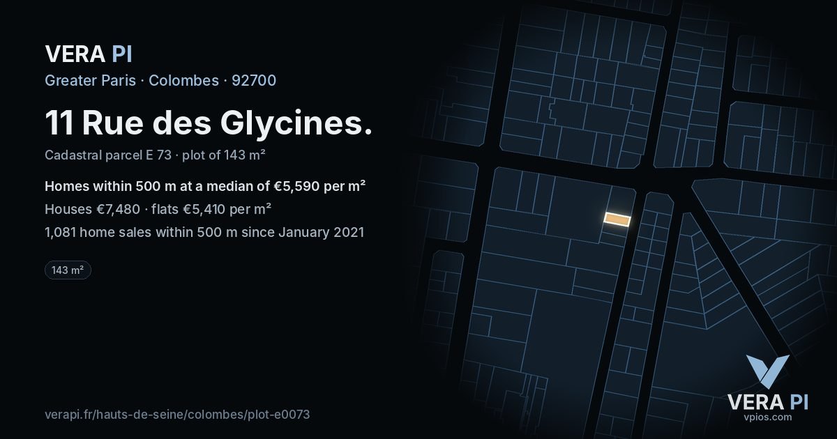 11 Rue des Glycines, Colombes at night – the plot lit, the parcels around coloured by the prices near them