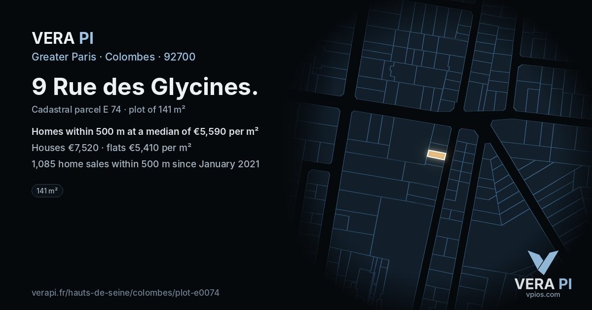 9 Rue des Glycines, Colombes at night – the plot lit, the parcels around coloured by the prices near them