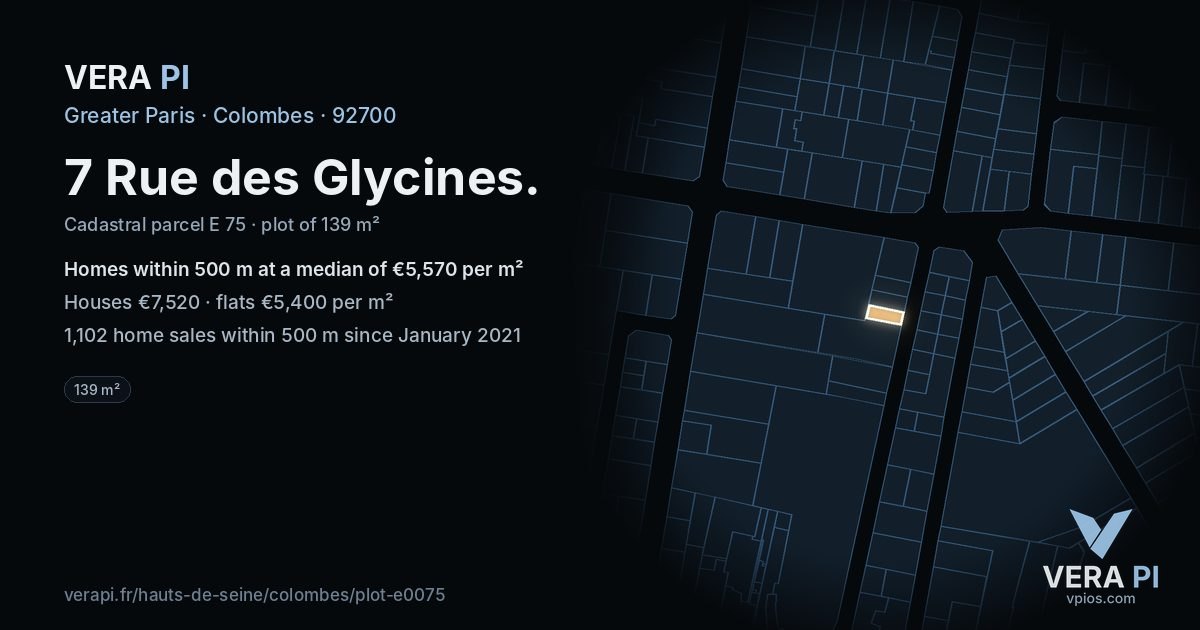 7 Rue des Glycines, Colombes at night – the plot lit, the parcels around coloured by the prices near them