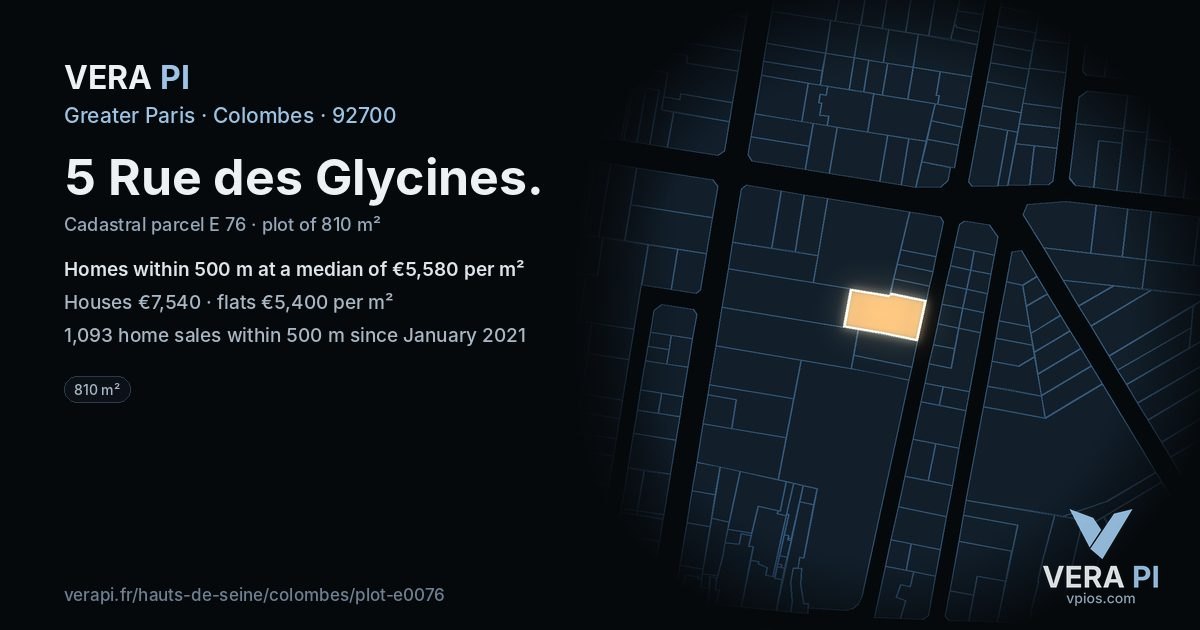 5 Rue des Glycines, Colombes at night – the plot lit, the parcels around coloured by the prices near them