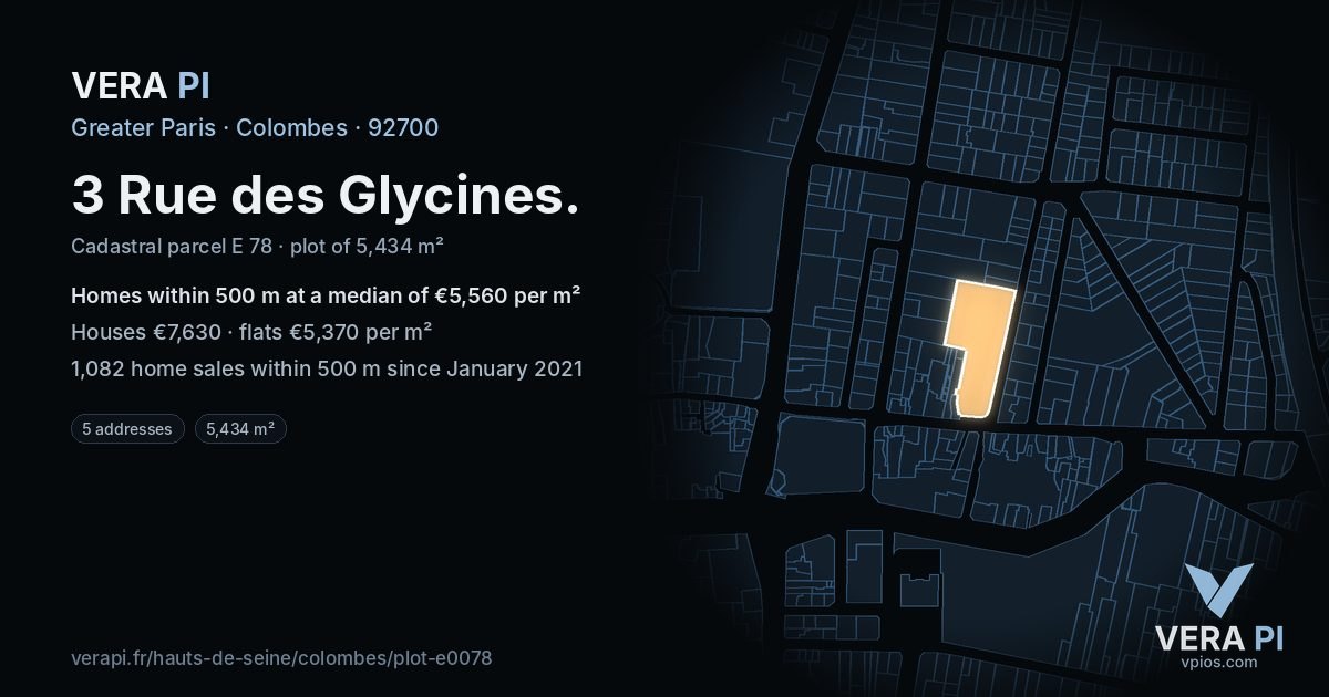 3 Rue des Glycines, Colombes at night – the plot lit, the parcels around coloured by the prices near them