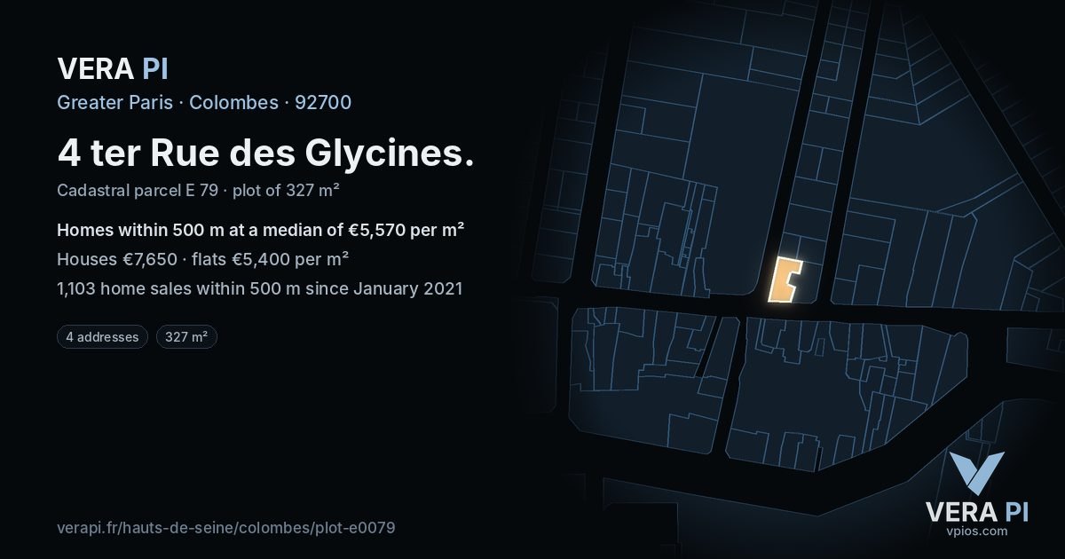 4 ter Rue des Glycines, Colombes at night – the plot lit, the parcels around coloured by the prices near them