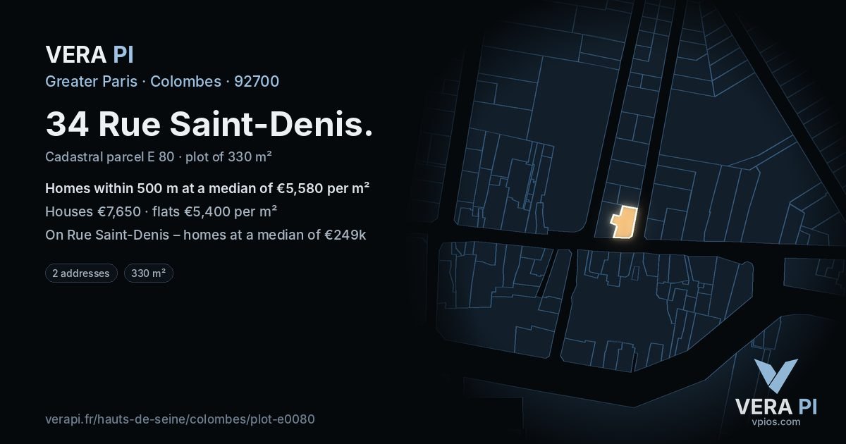 34 Rue Saint-Denis, Colombes at night – the plot lit, the parcels around coloured by the prices near them