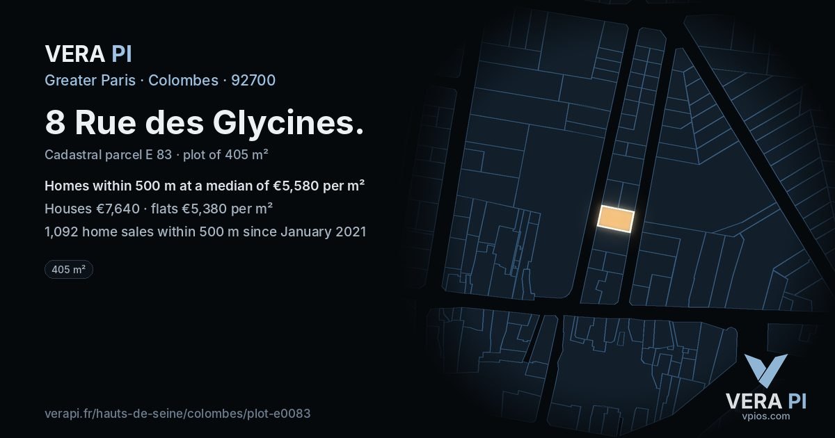 8 Rue des Glycines, Colombes at night – the plot lit, the parcels around coloured by the prices near them