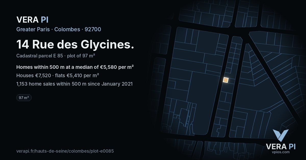 14 Rue des Glycines, Colombes at night – the plot lit, the parcels around coloured by the prices near them