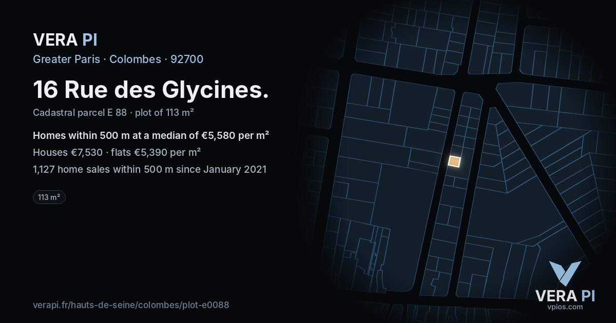 16 Rue des Glycines, Colombes at night – the plot lit, the parcels around coloured by the prices near them