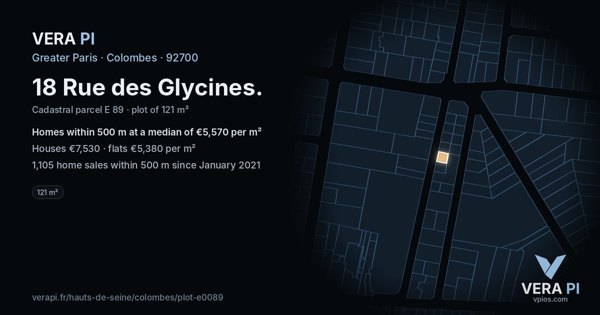 18 Rue des Glycines, Colombes at night – the plot lit, the parcels around coloured by the prices near them