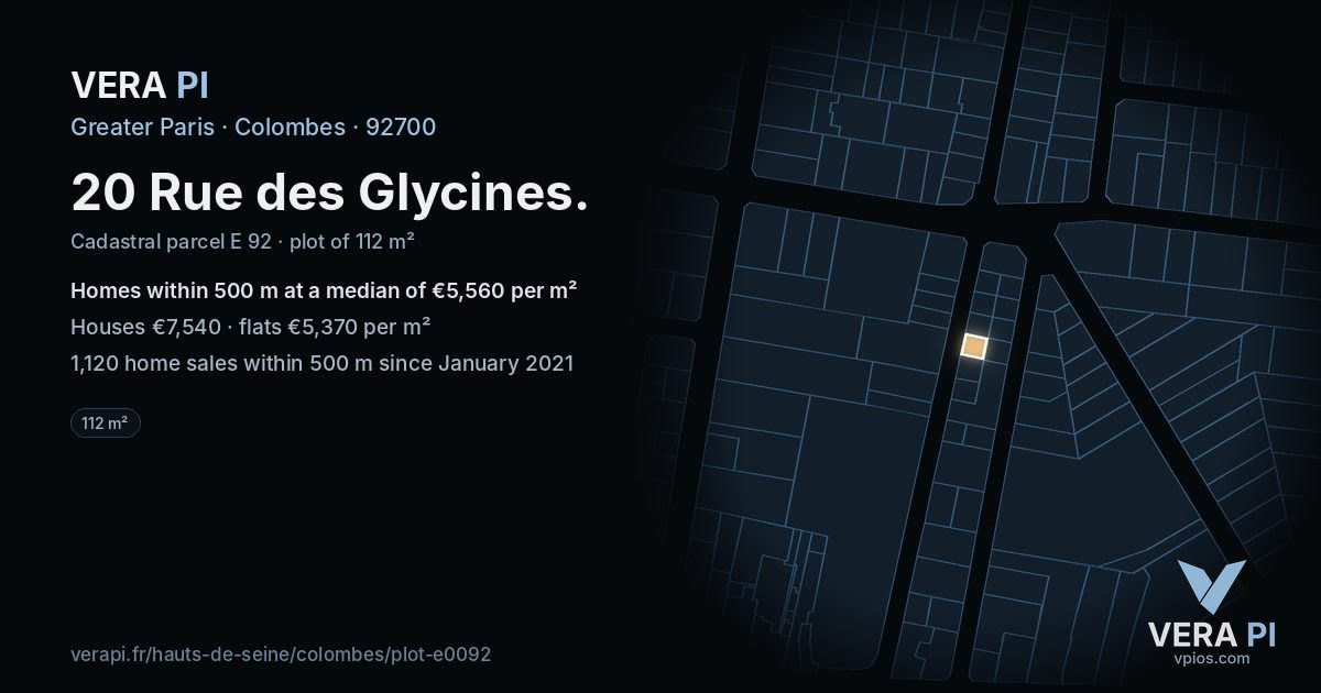 20 Rue des Glycines, Colombes at night – the plot lit, the parcels around coloured by the prices near them