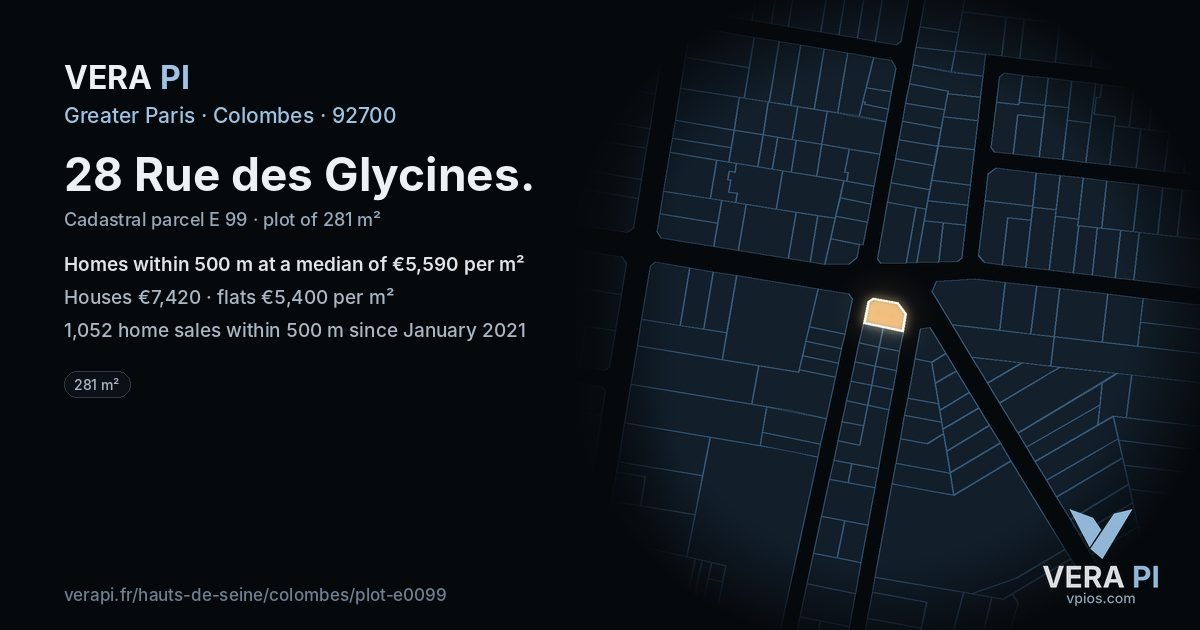 28 Rue des Glycines, Colombes at night – the plot lit, the parcels around coloured by the prices near them