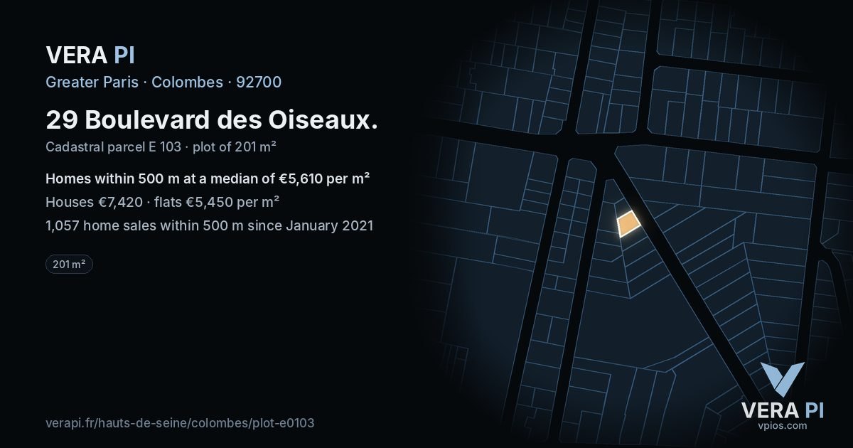 29 Boulevard des Oiseaux, Colombes at night – the plot lit, the parcels around coloured by the prices near them