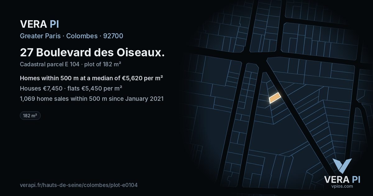 27 Boulevard des Oiseaux, Colombes at night – the plot lit, the parcels around coloured by the prices near them