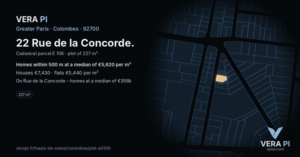 22 Rue de la Concorde, Colombes at night – the plot lit, the parcels around coloured by the prices near them