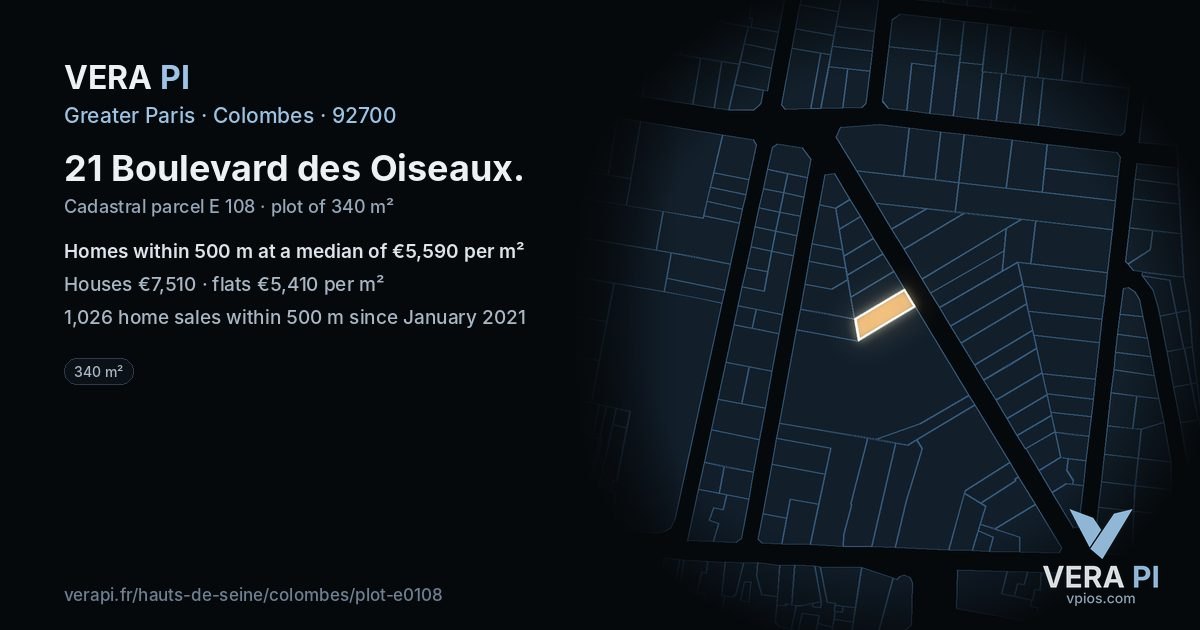 21 Boulevard des Oiseaux, Colombes at night – the plot lit, the parcels around coloured by the prices near them
