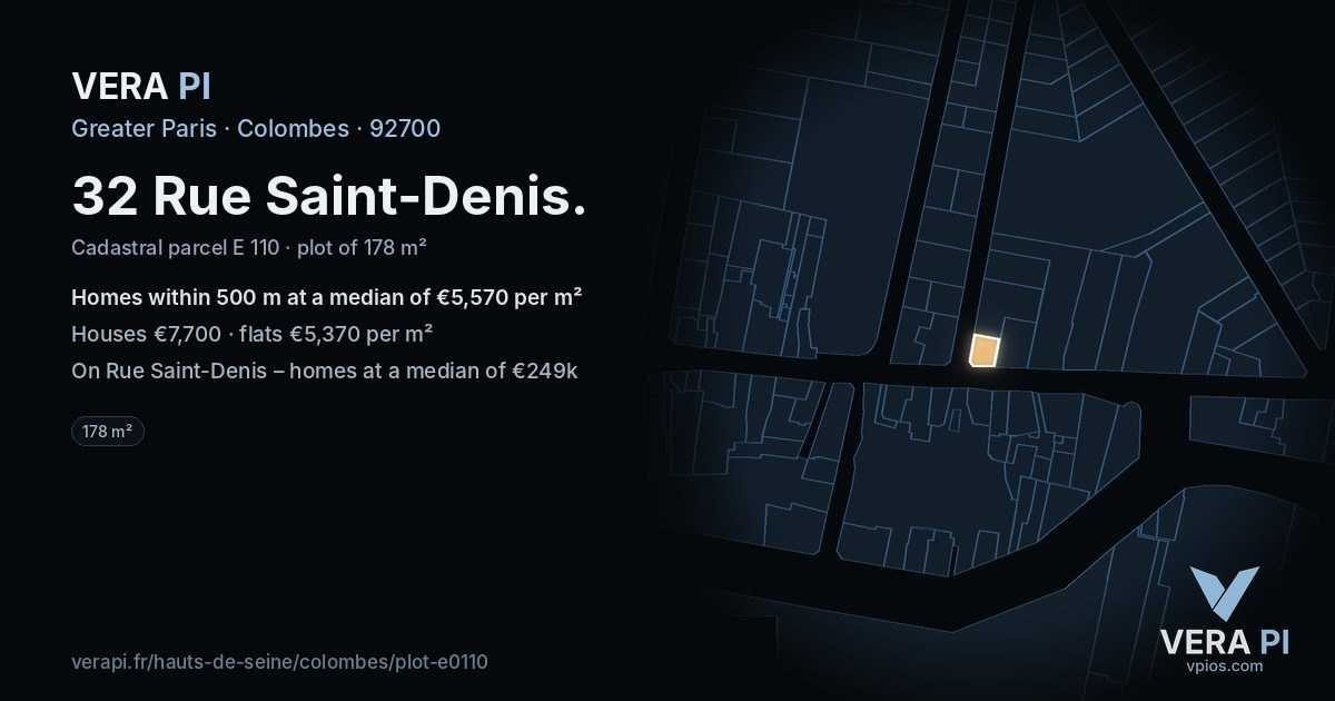 32 Rue Saint-Denis, Colombes at night – the plot lit, the parcels around coloured by the prices near them