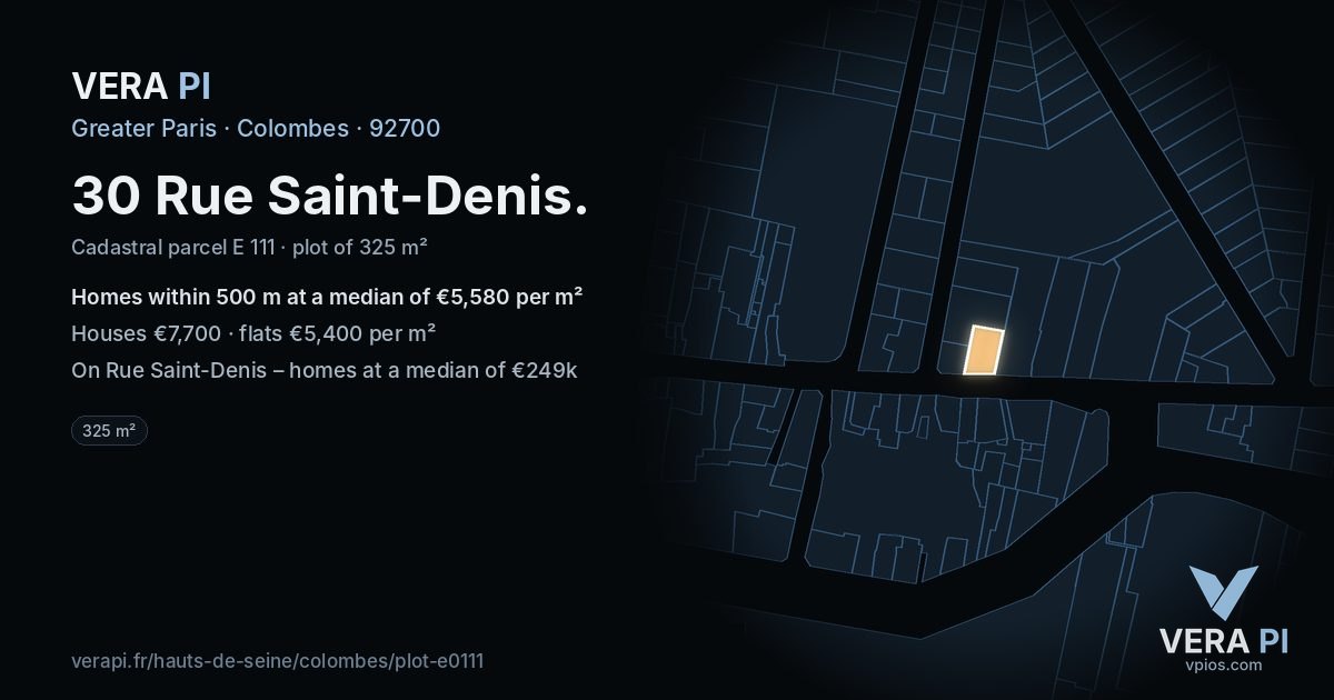 30 Rue Saint-Denis, Colombes at night – the plot lit, the parcels around coloured by the prices near them