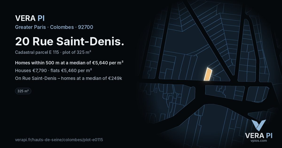 20 Rue Saint-Denis, Colombes at night – the plot lit, the parcels around coloured by the prices near them