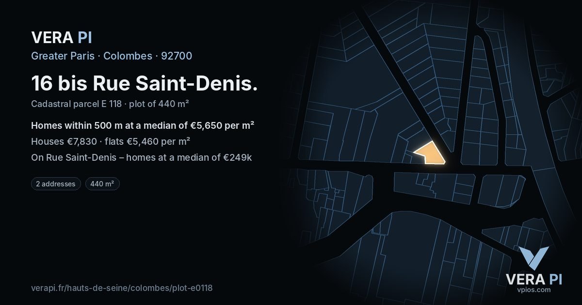 16 bis Rue Saint-Denis, Colombes at night – the plot lit, the parcels around coloured by the prices near them