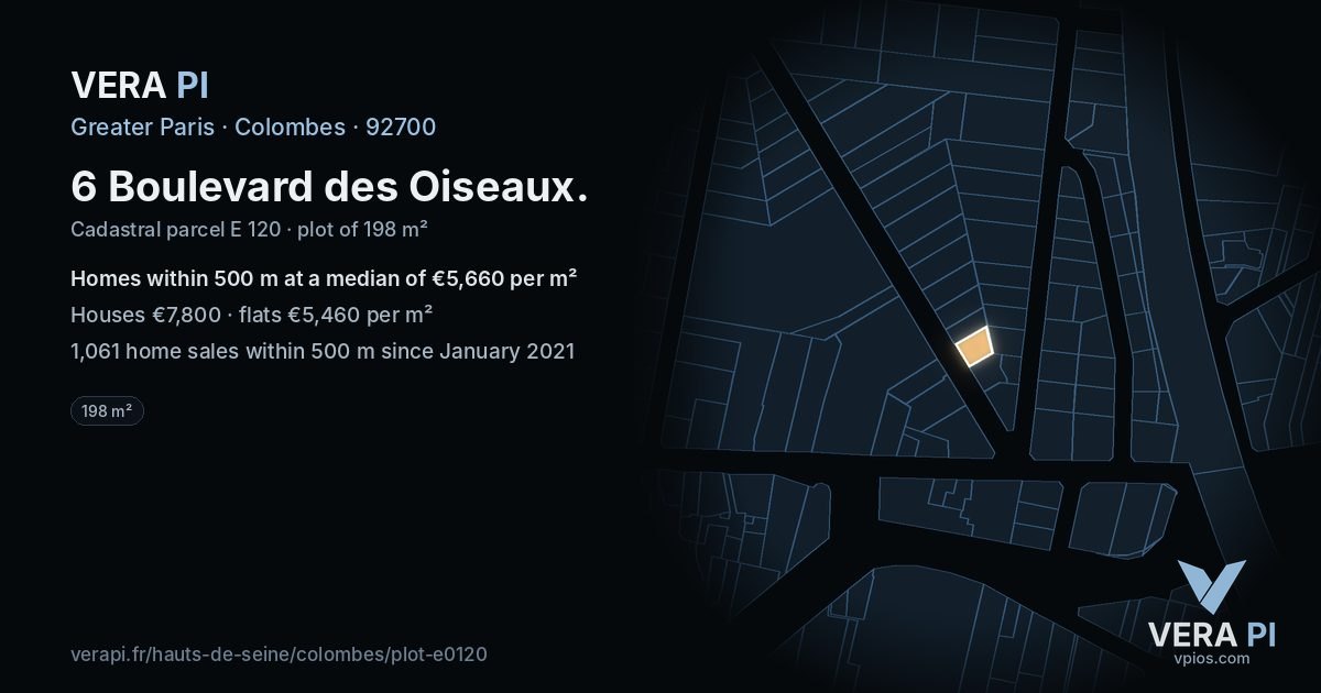 6 Boulevard des Oiseaux, Colombes at night – the plot lit, the parcels around coloured by the prices near them