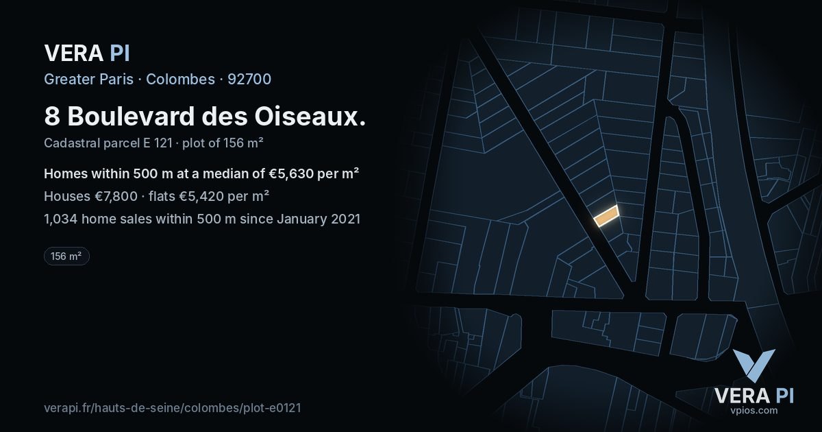 8 Boulevard des Oiseaux, Colombes at night – the plot lit, the parcels around coloured by the prices near them