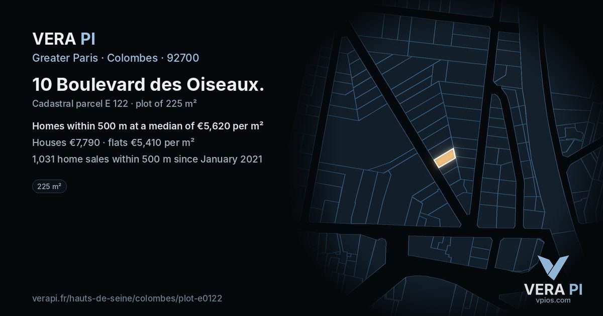 10 Boulevard des Oiseaux, Colombes at night – the plot lit, the parcels around coloured by the prices near them