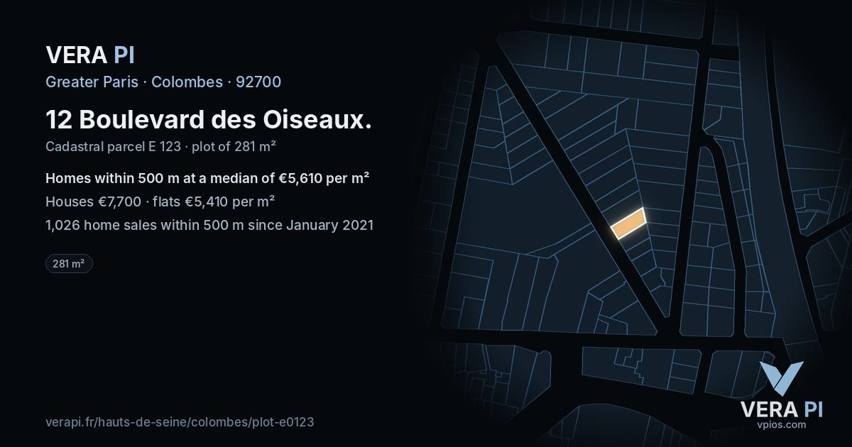 12 Boulevard des Oiseaux, Colombes at night – the plot lit, the parcels around coloured by the prices near them