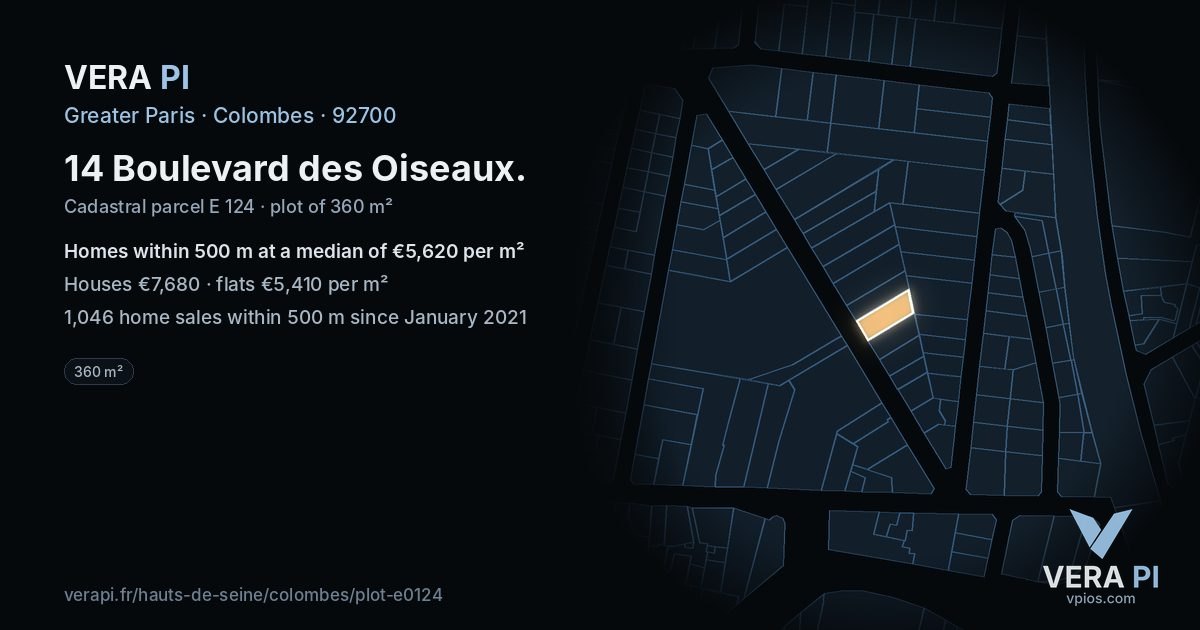 14 Boulevard des Oiseaux, Colombes at night – the plot lit, the parcels around coloured by the prices near them