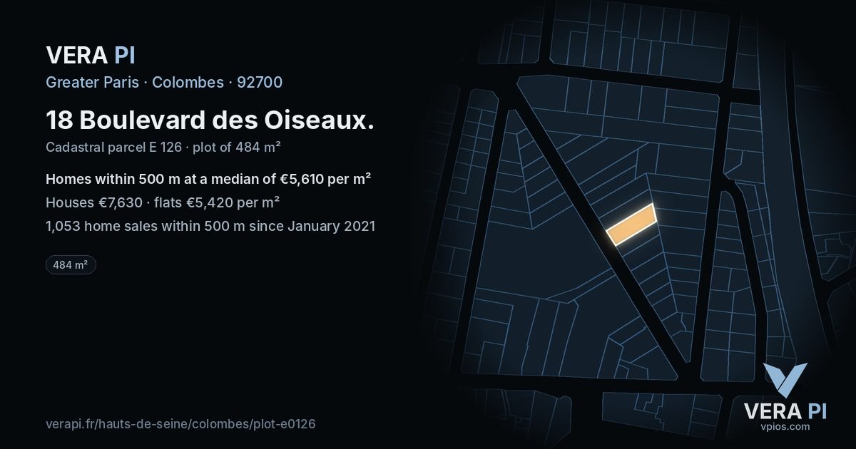 18 Boulevard des Oiseaux, Colombes at night – the plot lit, the parcels around coloured by the prices near them