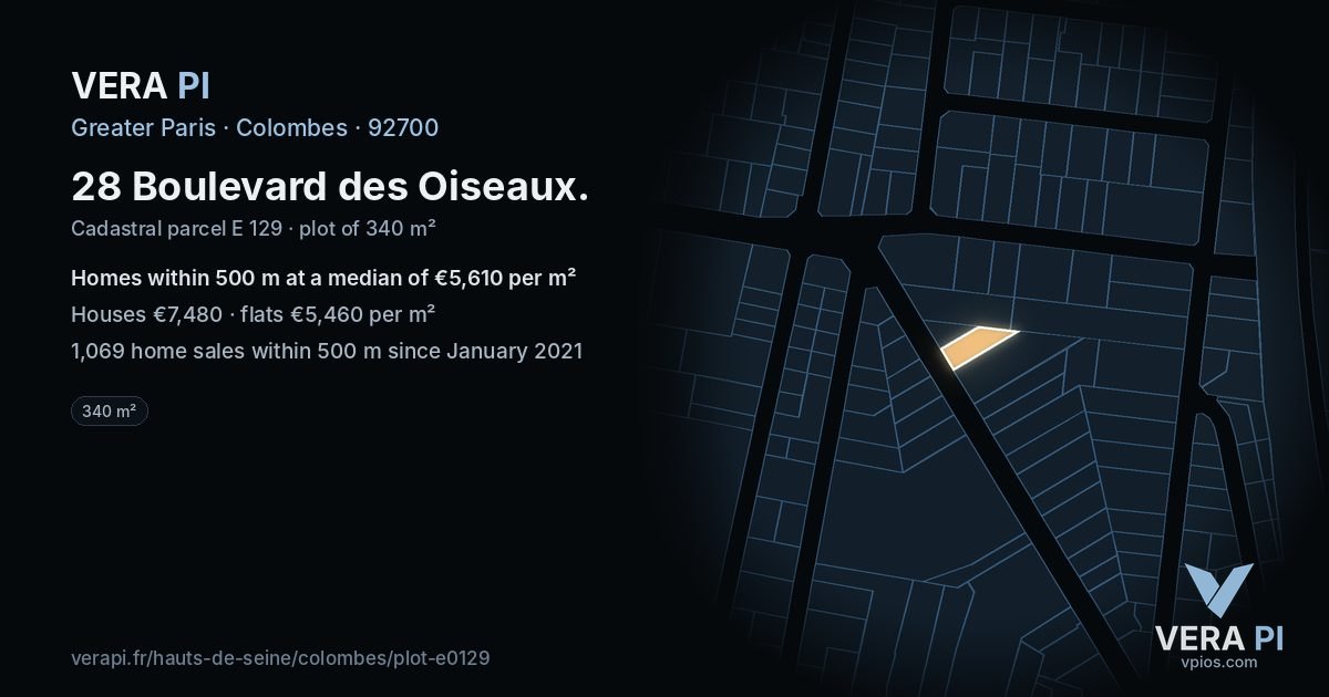 28 Boulevard des Oiseaux, Colombes at night – the plot lit, the parcels around coloured by the prices near them