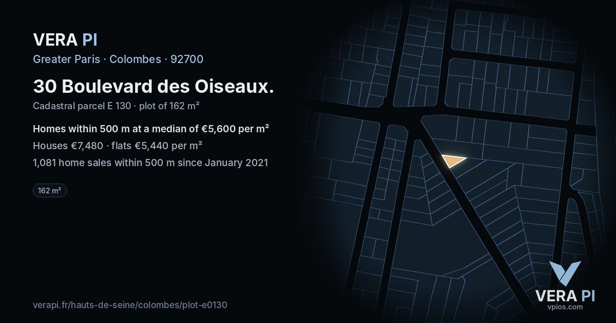 30 Boulevard des Oiseaux, Colombes at night – the plot lit, the parcels around coloured by the prices near them