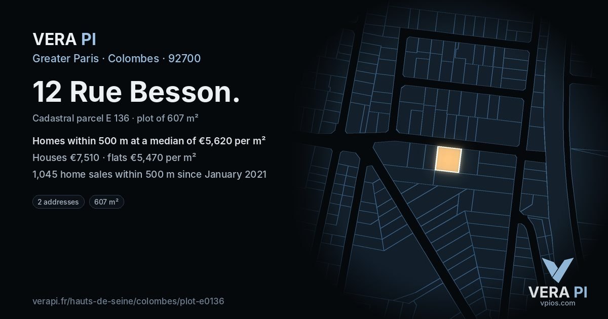 12 Rue Besson, Colombes at night – the plot lit, the parcels around coloured by the prices near them