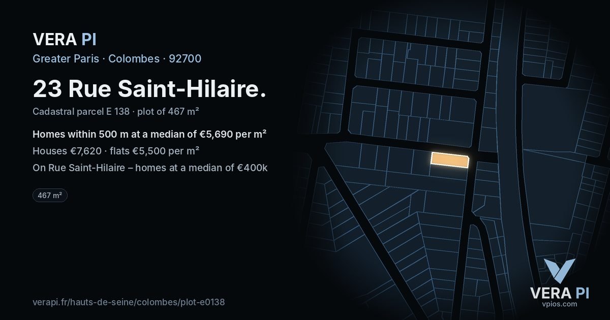 23 Rue Saint-Hilaire, Colombes at night – the plot lit, the parcels around coloured by the prices near them