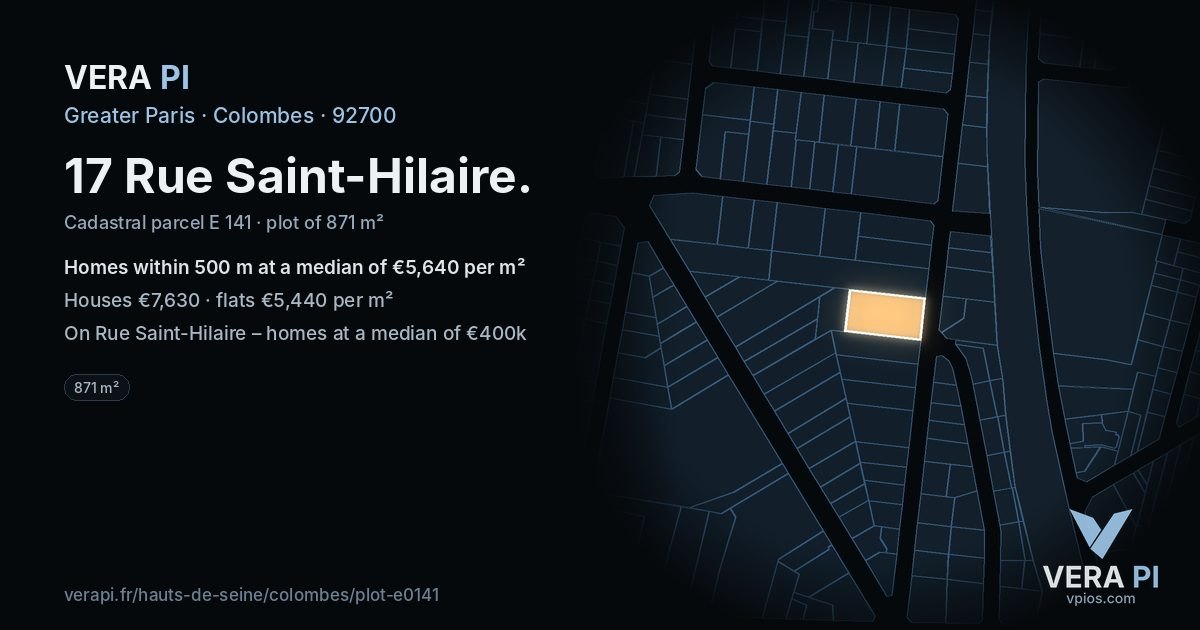 17 Rue Saint-Hilaire, Colombes at night – the plot lit, the parcels around coloured by the prices near them