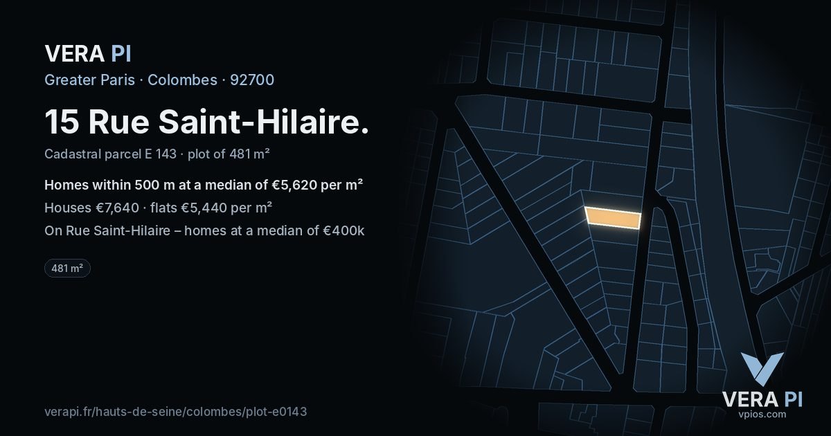 15 Rue Saint-Hilaire, Colombes at night – the plot lit, the parcels around coloured by the prices near them
