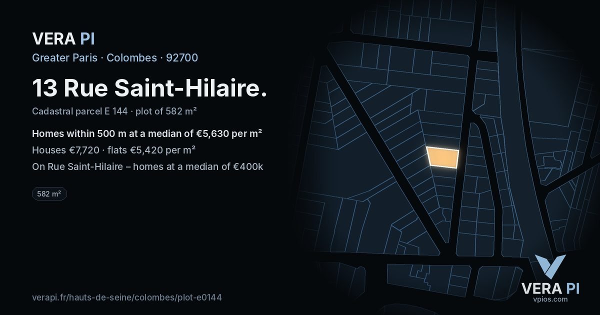 13 Rue Saint-Hilaire, Colombes at night – the plot lit, the parcels around coloured by the prices near them