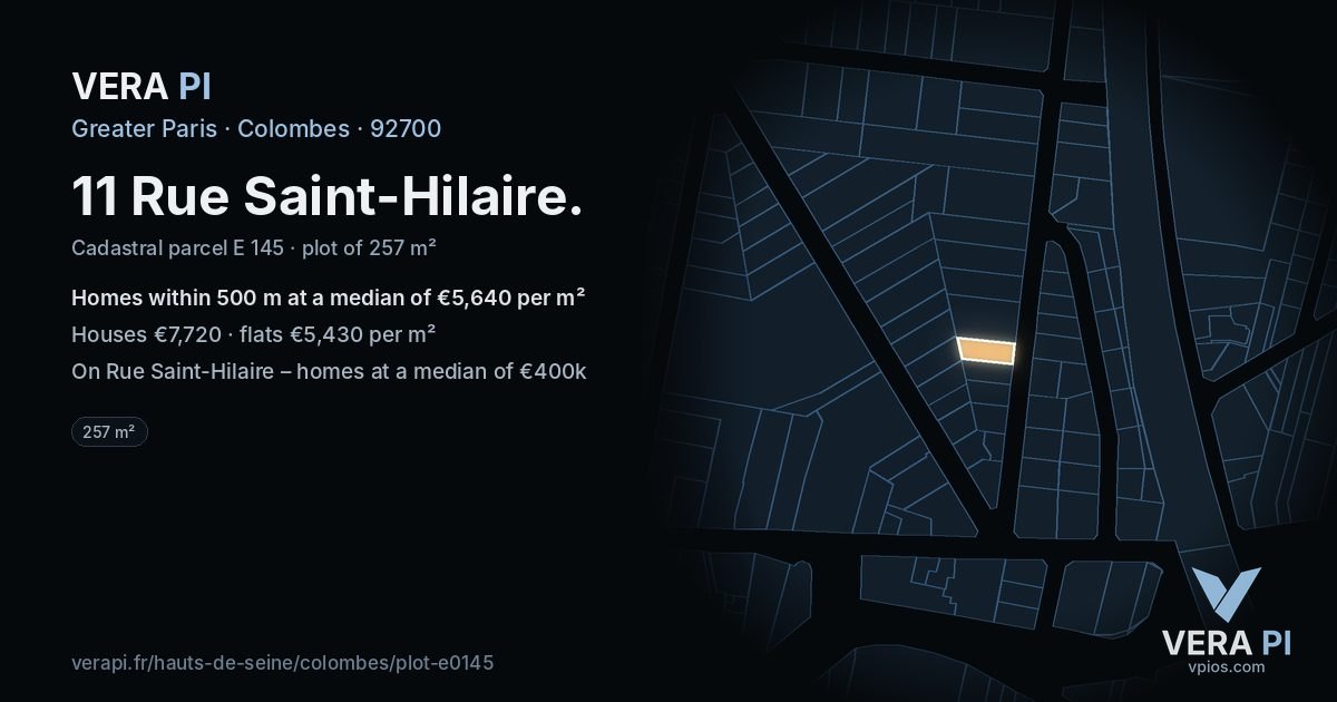 11 Rue Saint-Hilaire, Colombes at night – the plot lit, the parcels around coloured by the prices near them