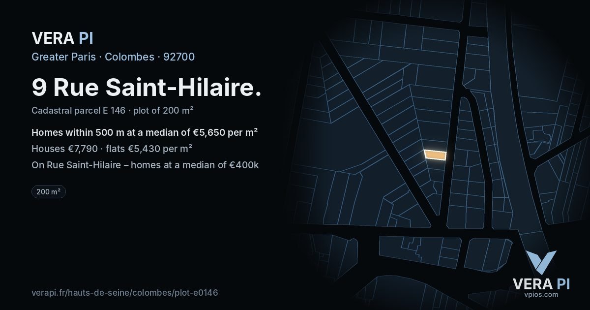 9 Rue Saint-Hilaire, Colombes at night – the plot lit, the parcels around coloured by the prices near them