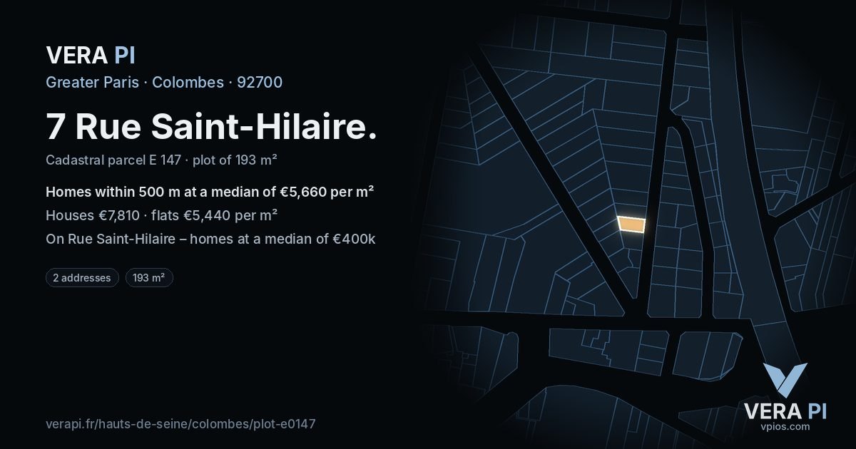 7 Rue Saint-Hilaire, Colombes at night – the plot lit, the parcels around coloured by the prices near them