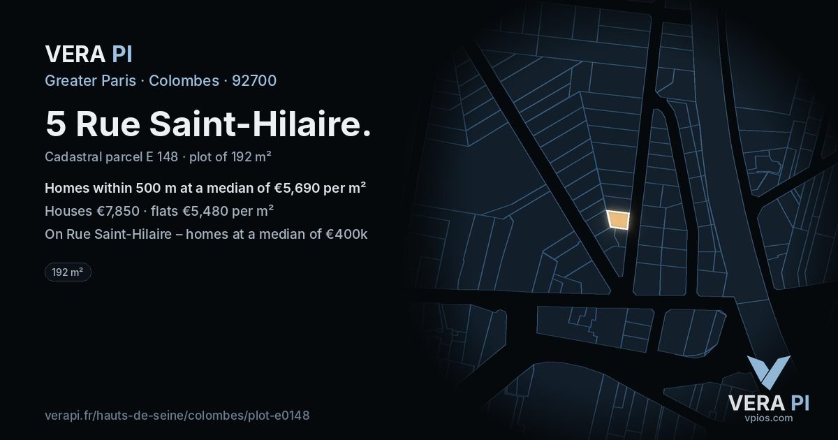 5 Rue Saint-Hilaire, Colombes at night – the plot lit, the parcels around coloured by the prices near them