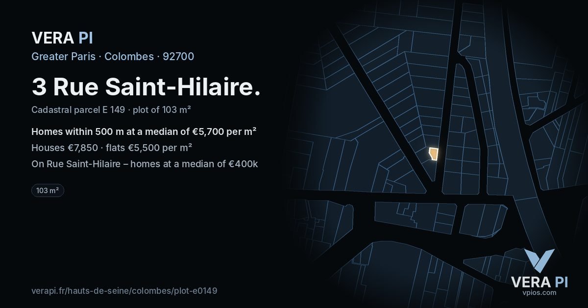 3 Rue Saint-Hilaire, Colombes at night – the plot lit, the parcels around coloured by the prices near them