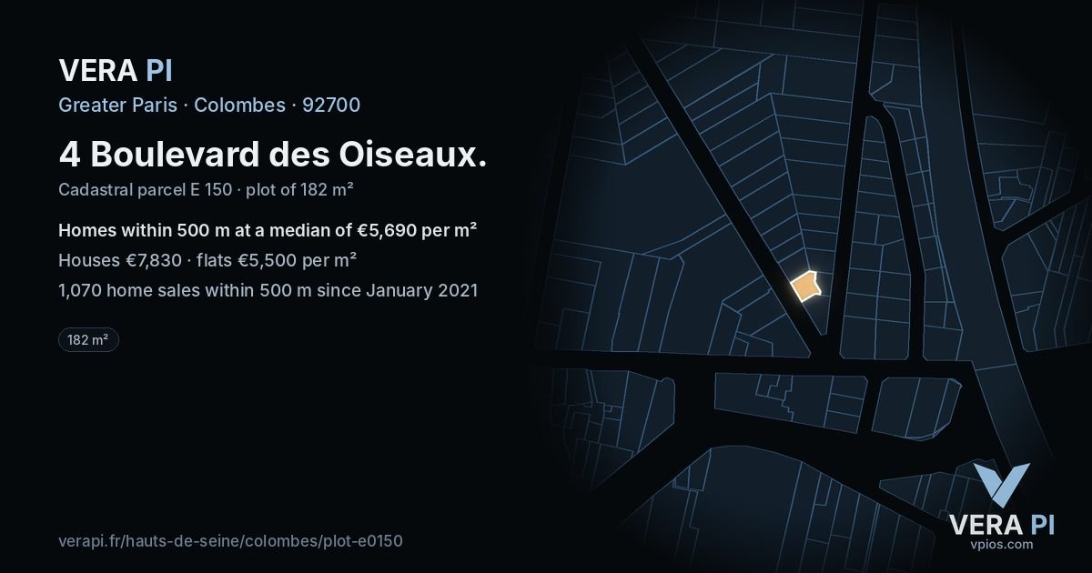4 Boulevard des Oiseaux, Colombes at night – the plot lit, the parcels around coloured by the prices near them