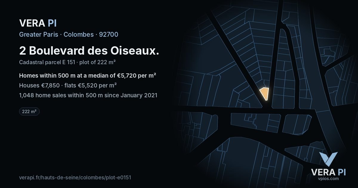 2 Boulevard des Oiseaux, Colombes at night – the plot lit, the parcels around coloured by the prices near them