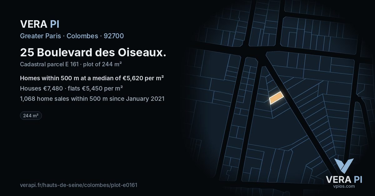 25 Boulevard des Oiseaux, Colombes at night – the plot lit, the parcels around coloured by the prices near them