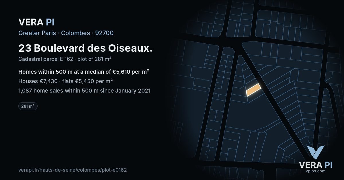 23 Boulevard des Oiseaux, Colombes at night – the plot lit, the parcels around coloured by the prices near them