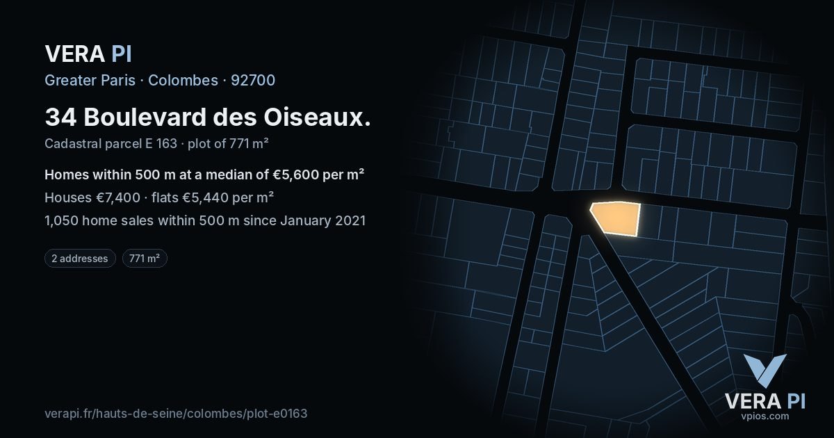 34 Boulevard des Oiseaux, Colombes at night – the plot lit, the parcels around coloured by the prices near them