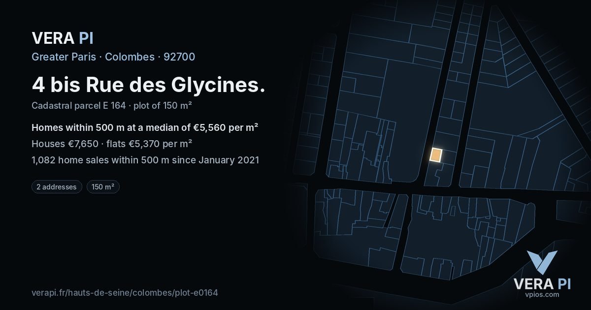 4 bis Rue des Glycines, Colombes at night – the plot lit, the parcels around coloured by the prices near them
